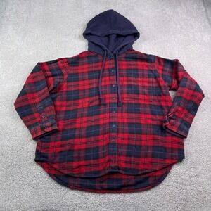 American‎ Eagle Hooded Shirt Womens Medium Red Blue Plaid Flannel Button Up